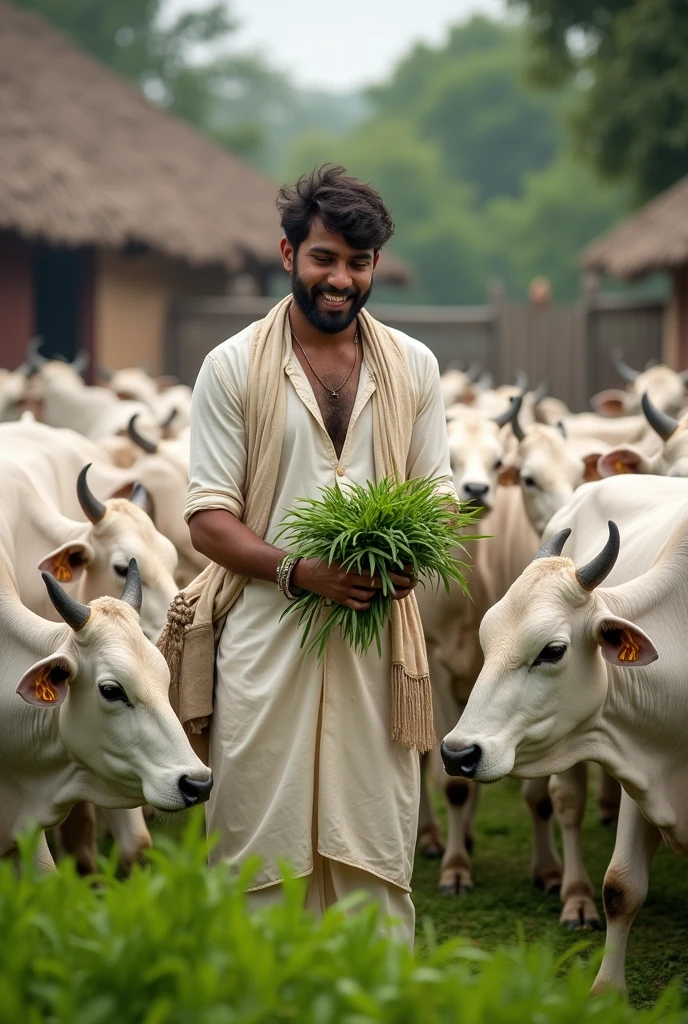 30 years Indian young man is feeding grass to big cow, small cows at his Indian house farm. Cows are in white color.