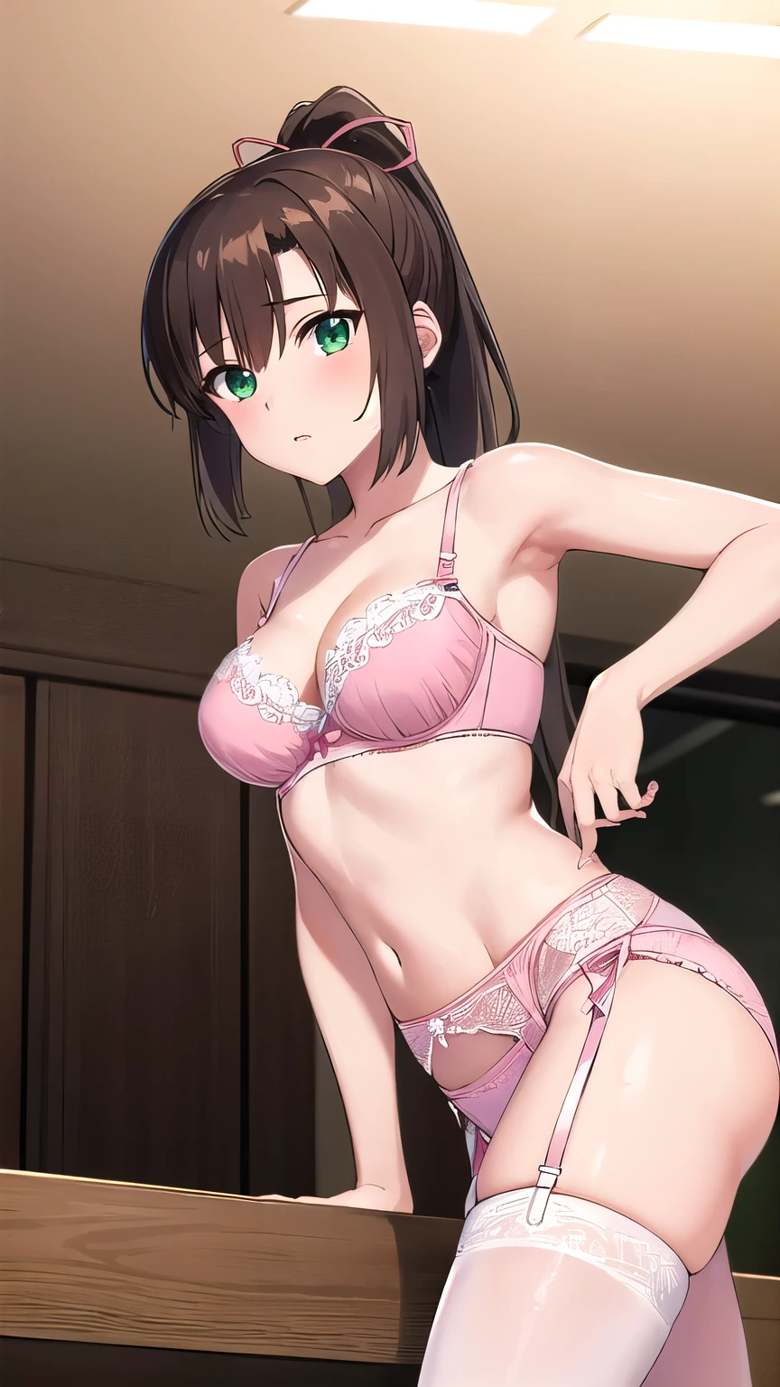 (masterpiece), (Highest quality), (Sayaka Kirasaka),  One girl, Green Eyes, Light in your eyes, Dark brown hair, ponytail, Hair Ribbon, (medium Breasts), (pink lace bra), (black  Stockings), (black high-heels), (pink Lace Panties), garter belt, Looking at the audience, cowboy shot, standing, (from below), (leaning forward), (spread legs: 1.2), indoor, bar,