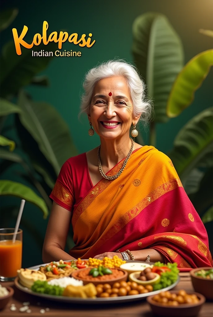 Classy banana leaf background with a happy old lady with restaurant name kolapasi indian cuisine with tag line fuel your hunger and thali with items