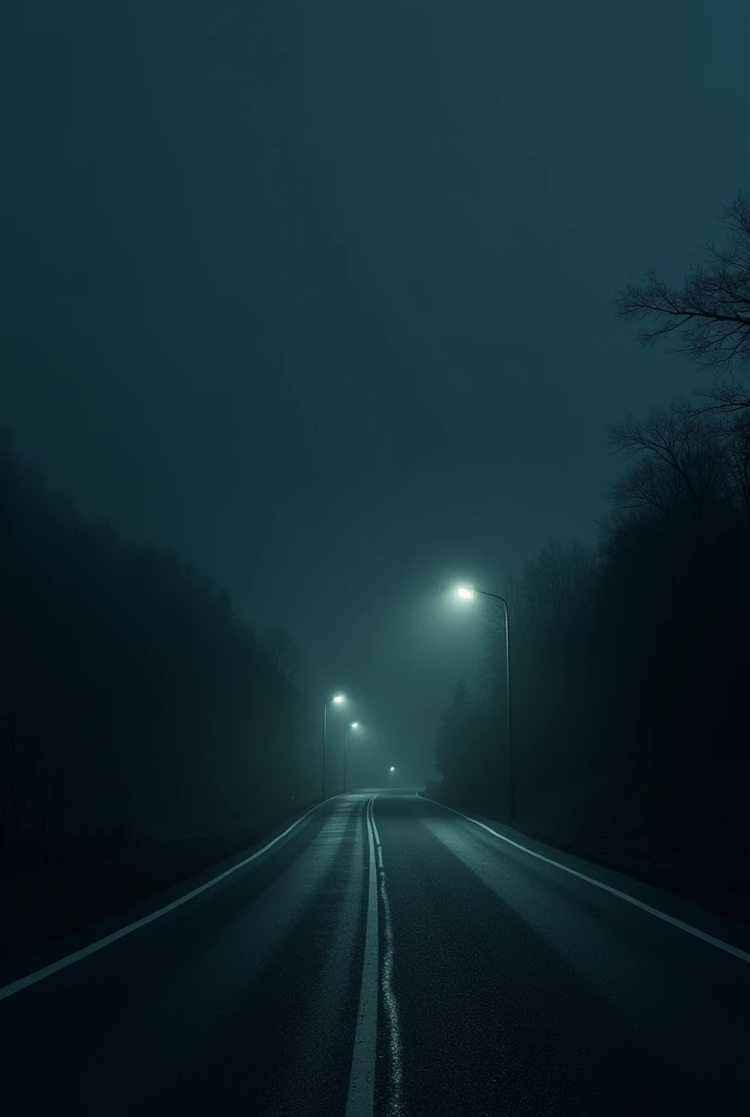 Highway at Night**: A dark, deserted highway at night with few dim streetlights, showing a winding road that disappears into the darkness.