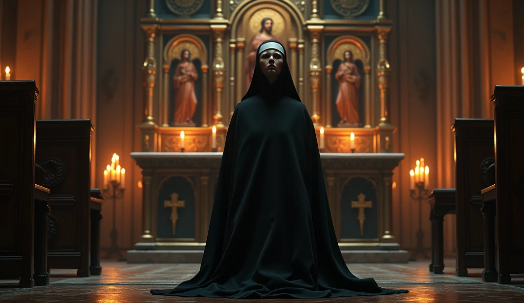 A dramatic scene of the Nun of Monza in a Gothic-style chapel, kneeling in prayer before an ornate altar. The chapel is filled with flickering candles and ancient religious icons. The nun’s habit is detailed, with the folds of the fabric carefully rendered, and her face is partially illuminated by the candlelight, revealing a look of inner turmoil