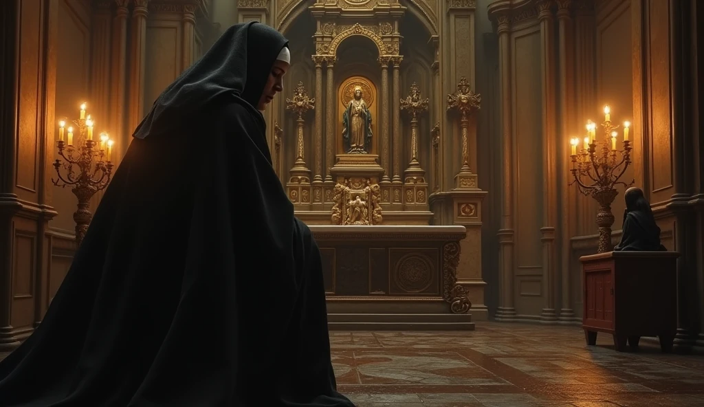A dramatic scene of the Nun of Monza in a Gothic-style chapel, kneeling in prayer before an ornate altar. The chapel is filled with flickering candles and ancient religious icons. The nun’s habit is detailed, with the folds of the fabric carefully rendered, and her face is partially illuminated by the candlelight, revealing a look of inner turmoil