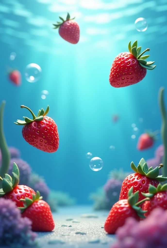 Strawberries under blue water with bubbles. Image should be 3d and clear and cartoonish