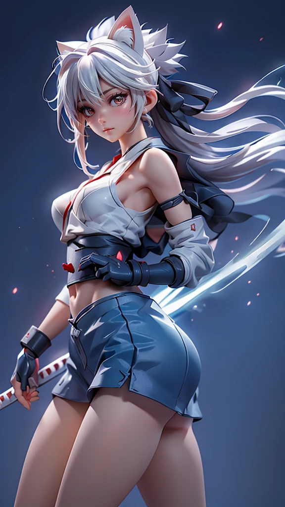 Moisturized Skin, (Red eyes), Realistic body, (Adult female body), Energetic, (), (),3DCG, front, Low - Angle,
break,
Bright red lipstick, (Beautiful belly button), (Silver Hair), ((Cat ear)), Beautiful Hair, (Hatake Kakashi's clothes: 1.3),
break,
((masterpiece + Highest quality + High resolution + Very detailed)), (whole body: 1.2), Symmetric, One shot,
break,
(Electric shock), (The wind is blowing), (Blue Lightning), (Combat Ready: 1.4),
break,
(Big Japan sword), Ninja, In the mansion, assassination, cut, Fantasy, dynamic,