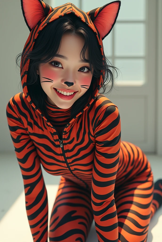 The beautiful taiwan asian adult girl with beautiful cheeks wears zebra print lycra turtleneck unitard catsuit covered with stripes and zebra print  lycra elastane stretchy dancewear zentai hijab-like hood.She is happy to crawl.She always put fake cat whsikers and nose that are made of black makeup marker pen.