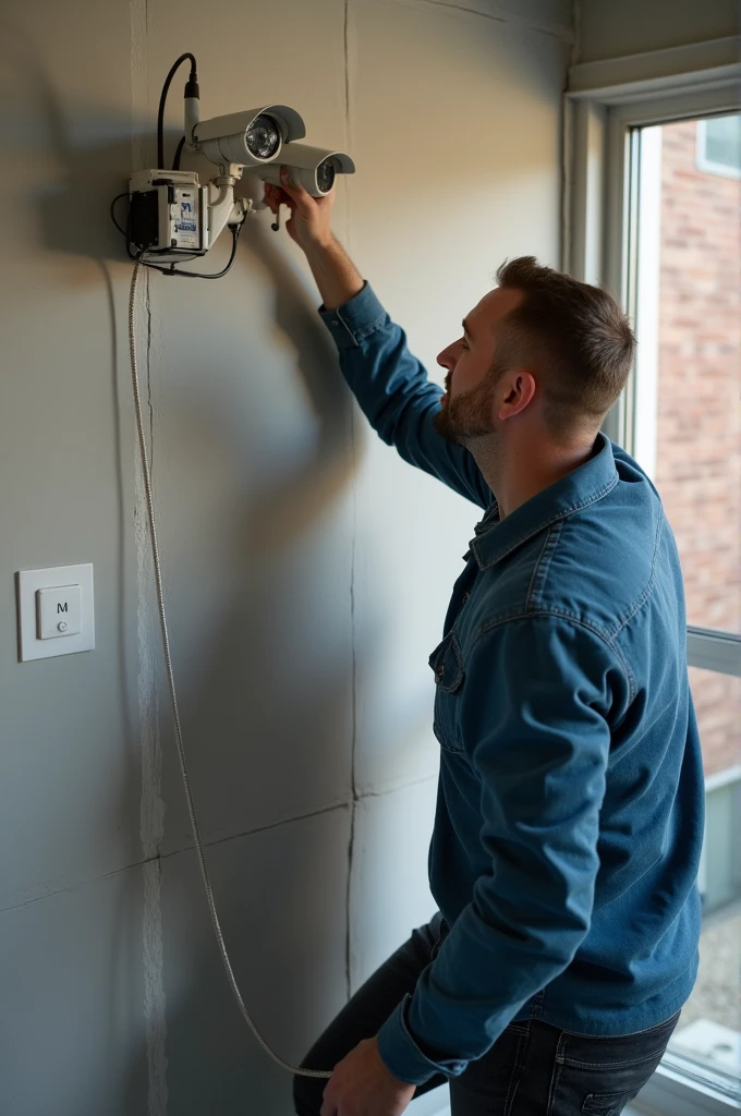 A man who is a cctv instaler working in his project