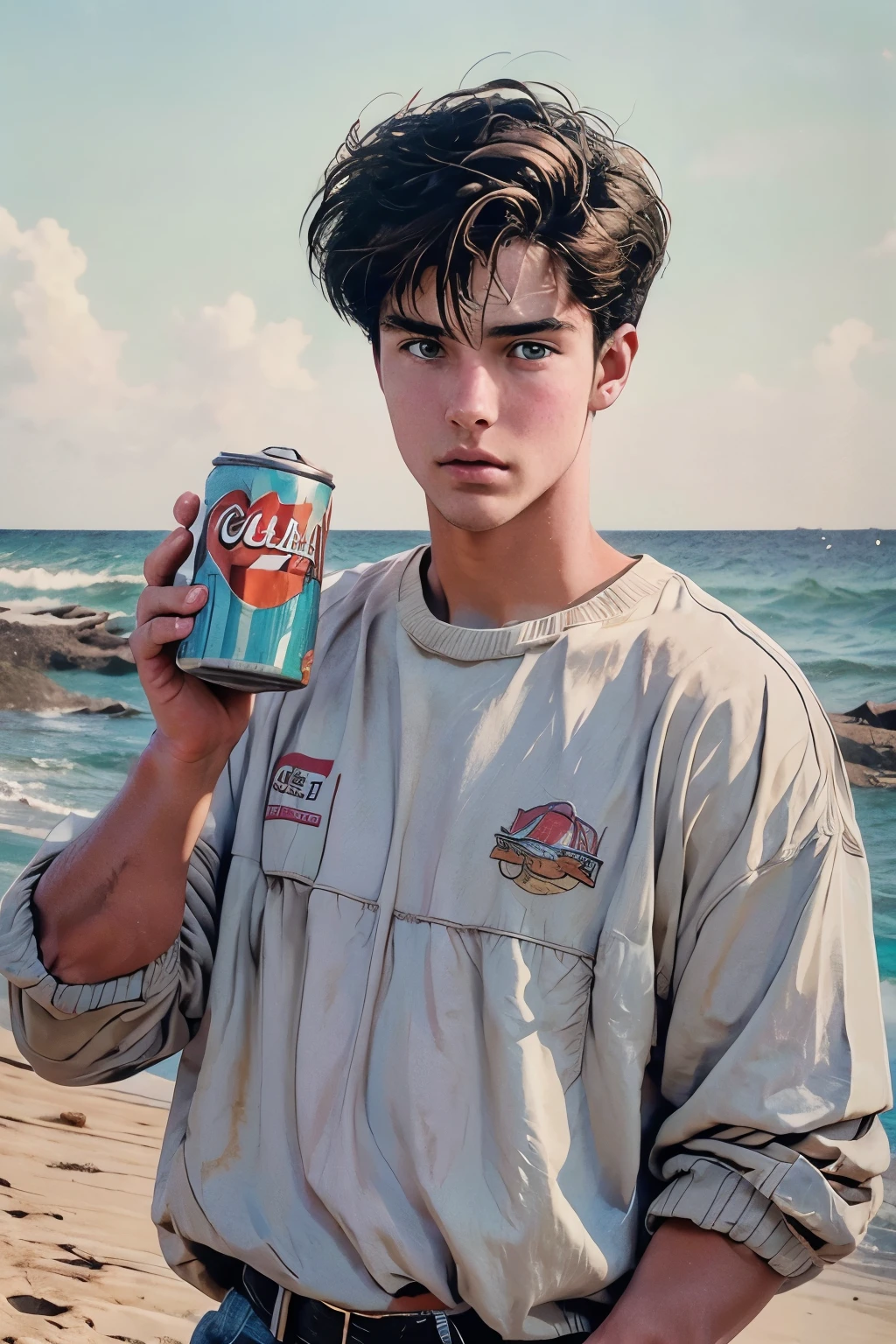 Upper body close-up image. A handsome man. Twenty years old. Light brown hair. He stands with a can of cola in one hand. It is summer and he is standing on the beach.