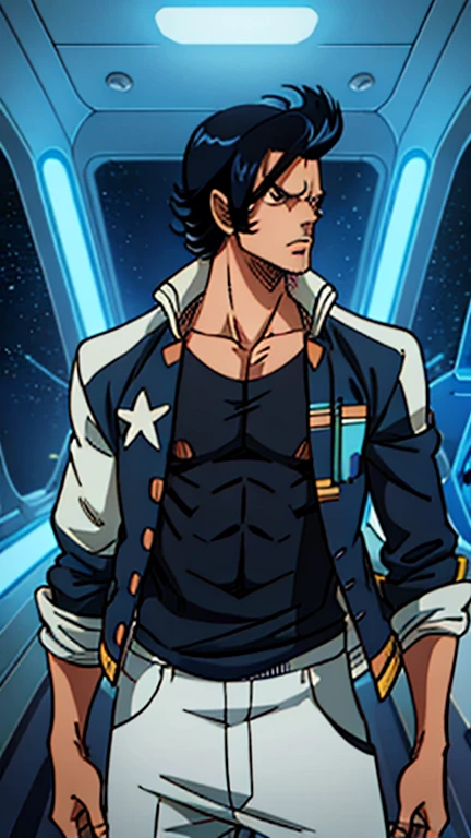 (1boy, dandy, jacket), (extremely detailed CG unit 8k wallpaper),(master part), (best quality), (ultra detail), (best illustration),(melhor ombre), cowboy shot, (Sharp eyeliner, ombre, detailed eyes:1), Spaceship bridge, break , (one piece style), upper body, 