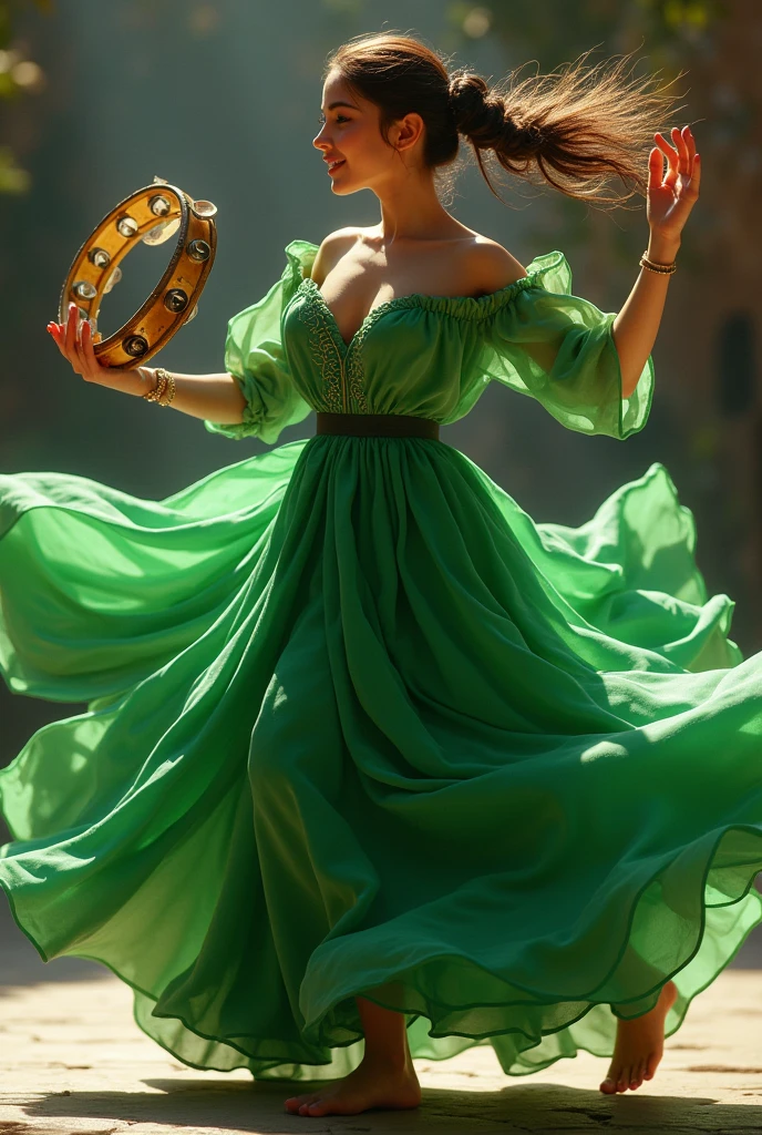 Tambourine player with tied hair, long green dress that covers the skin and holding her tambourine as realistically as possible and that she is dancing