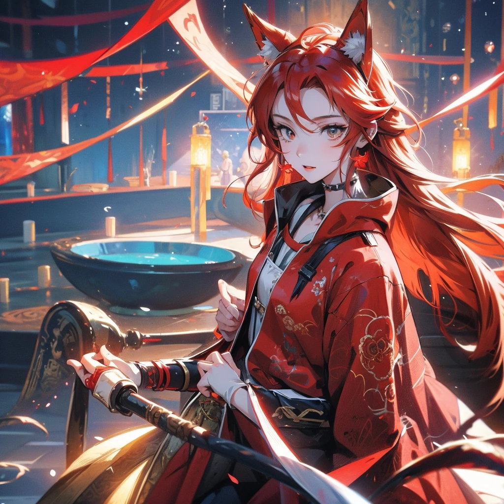 Anime girl with a red headdress and a wolf generative ai