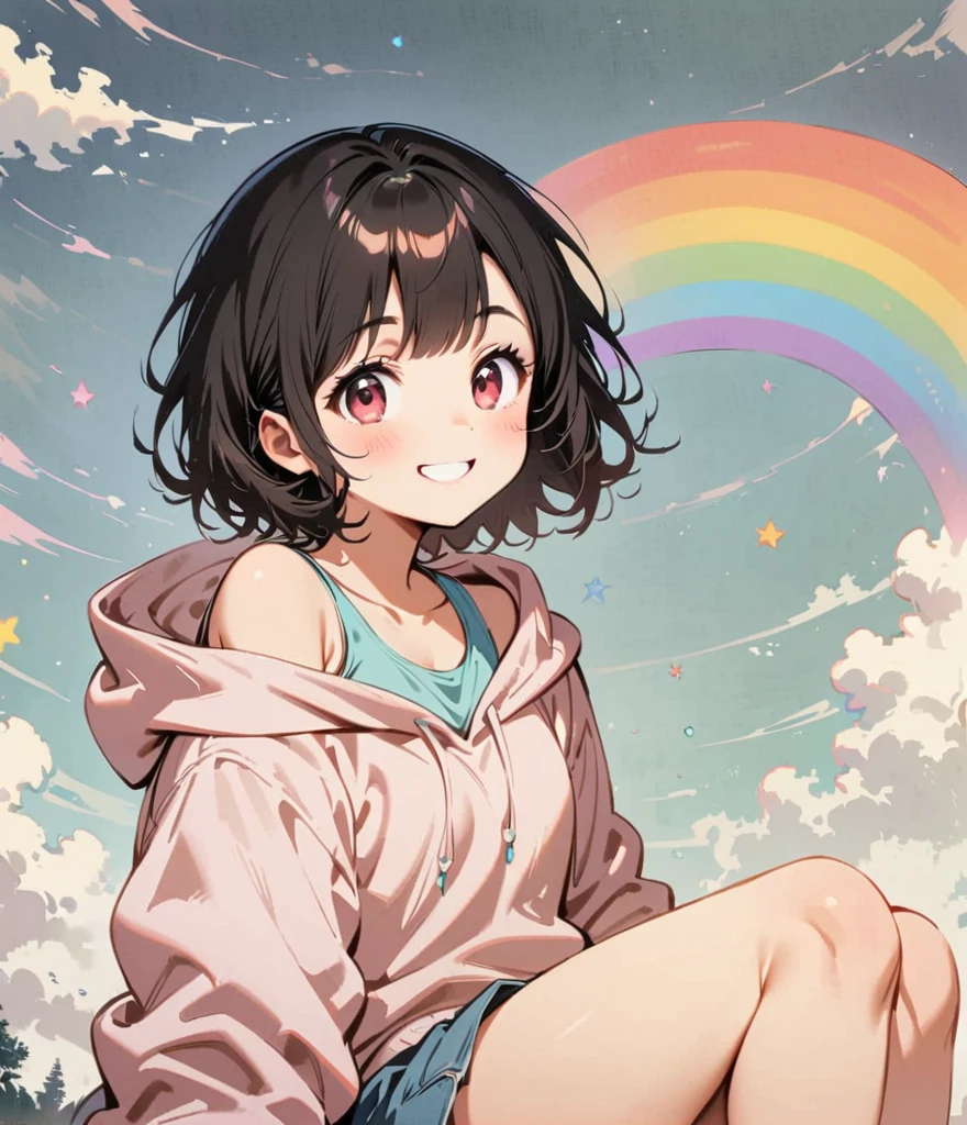 Pink the bottom of your black hair,Short Hair Rainbow、sitting on a rainbow、Put on a hoodie、big Smile、smiling、short hair、1 Girl, alone,Big eyes,Cute expression,Tank top、interesting,Clean Lines