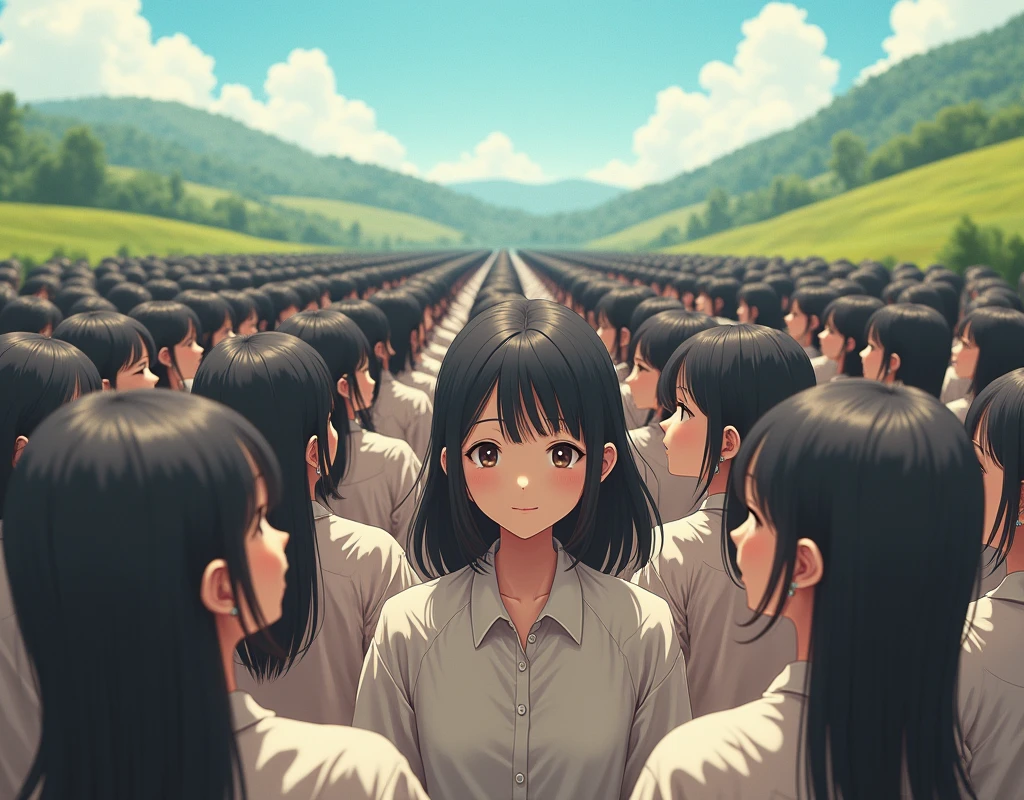 (((((Japanese Clone girls=Myself)))))), (((best masterpiece Clone girls Raw Photography Art))), (16K, Highest quality, Ultra-high resolution, RAW Photos), (((Unrealistic, Unparalleled depiction, An unbelievable sight, Unprecedented and shocking, In a world where myselves are multiplied, Ultra-realistic))), (((Japanese, woman, 26yo, Sasaki Nozomi))), (Small face, ((Thick black hair, Semi-long hair))), ((V-neck short-sleeve dress)), (((((Very beautiful detailed girls, Accurate body structure, Very detailed完璧な, A super busty body with very large breasts, Great proportions, super big breasts, Big, voluptuous breasts, The cleavage is very plump and emphasized))))), (((Dark Eyes, Mature face, Cute Smile, A gentle gaze, ((Very happy laughter))))), ((((((((Very detailedcloning描写, ((1Myself→cloning→1,000,000,000,000,000,000,000,000Myself)))))))))), ((((((((Very detailed, 寸分違いない緻密なMyself multiplication描写の, ((With the same perfectly MySelf body, With a face that is exactly the same as Myself, With the exact same hairstyle as Myself, In the exact same clothes as Myself, Perfectly the same height as Myself, The same super big breasts as Myself)))))))))), (((Myself only))), (((Very detailed, Myself multiplication, 1,000,000,000,000,000,000,000,000Myself→100,000,000,000,000,000,000,000,000,000,000,000,000,000,000^1,000,000,000,000,000,000Myself))), (((Walk freely))), (((Very detailed, (An embrace between self, Back to Back, Myself is here!, Fun conversation with others, Happy conversation with myself, Kissing each other anywhere, Doting on Myself, Myself holding hands)))), (Free pose), (Sexual seduction), (((Unbelievably crowded, Close contact between transcendent selves, Countless "myselves" completely surround me in 360 degrees))), (Bright and soft sunlight), (((Very wide field of view, Very detailed, Detailed ultra-perspective depiction with clear depth))), (((((Rural landscape with slopes))))), (((Very photographic and detailed, Myself will grow infinitely more, filling the horizon with no gaps and in a super close contact, Myself exists infinitely and it creates a fun atmosphere))), (Focus on the average value of the image)