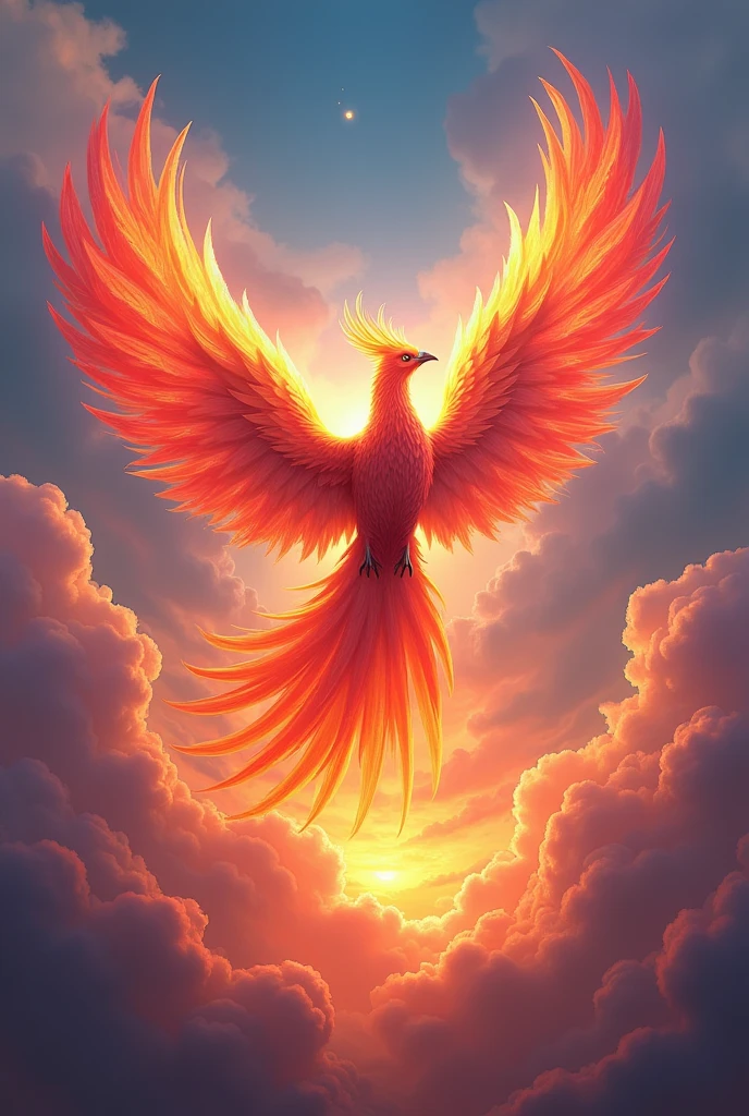 Mythical Phoenix Rising: Illustrate a vibrant phoenix emerging from a burst of flames, its feathers shimmering in a spectrum of colors. The background features a dramatic sky with swirling clouds, enhancing the mythical and powerful aura of the phoenix, 3d digital artwork.