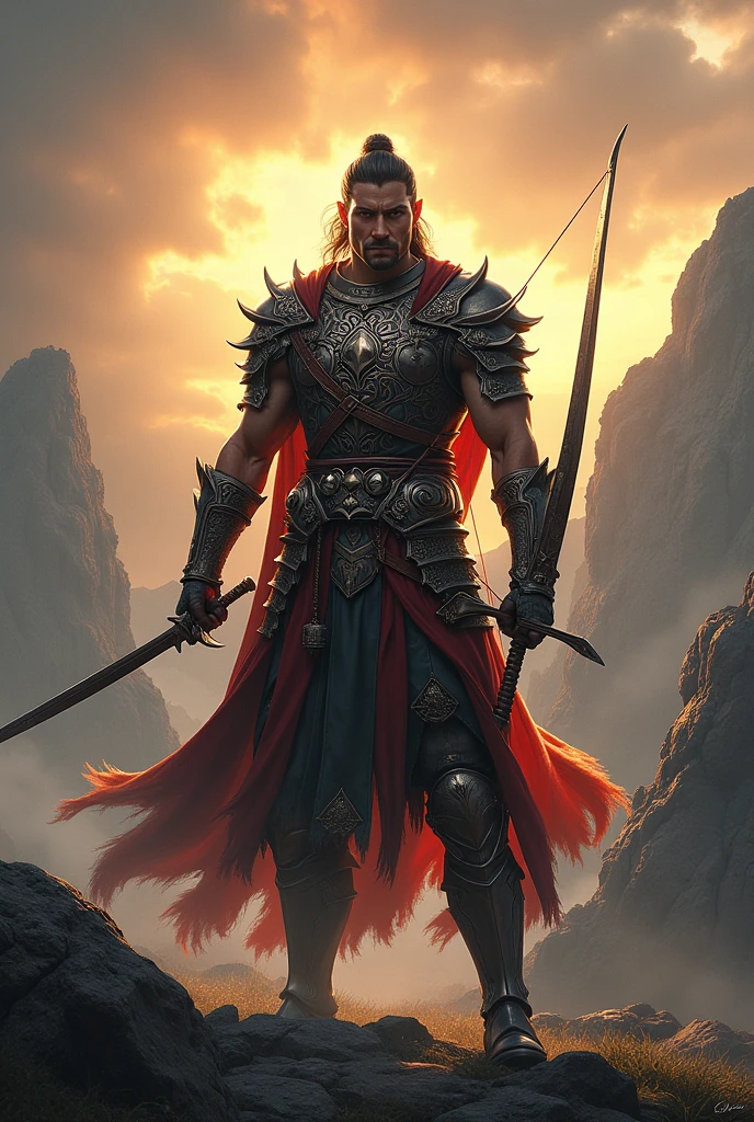 a man with a dashing face and dashing body posture holding a sword in his left hand and holding a bow in his right hand, preparing to fight and wearing armor