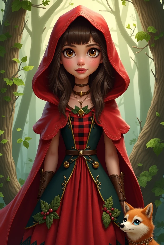 Imagem da filha da Cerise Hood e da Cedar Wood de Ever After High: You must have straight, wavy hair with brown bangs and white highlights., eyes browns, Light brown skin, big red hood, red dress with gray details, with red and black checkered details on the top and red with leaves on the bottom, wooden and leafy elements in clothing, brown boot with a wolf cub next to it