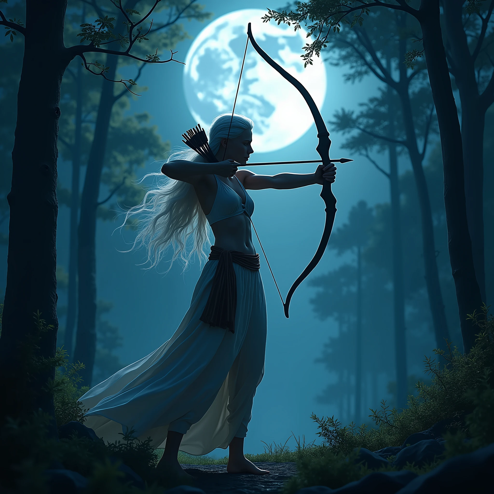 (best quality,4k,8k,highres,masterpiece:1.2),ultra-detailed, 1woman, Greek goddess Artemis, Mediterranean features and skin tone, Athletic build, wearing trousers, wide feminine hips, White hair. in the woods at night, night time, bathed in pale blue moonlight, moon, wielding a bow, wearing a quiver of arrows, on the hunt, dressed for hunting, drawn in the style of Yoshitaka Amano, HDR, 8k, absurdres, cinestill 800, photo realistic, sharp focus