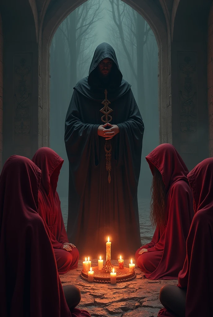 Cult of Lilith, a man in a dark hood, several women knee in red hood, candles, fire and rune viking simbolos
