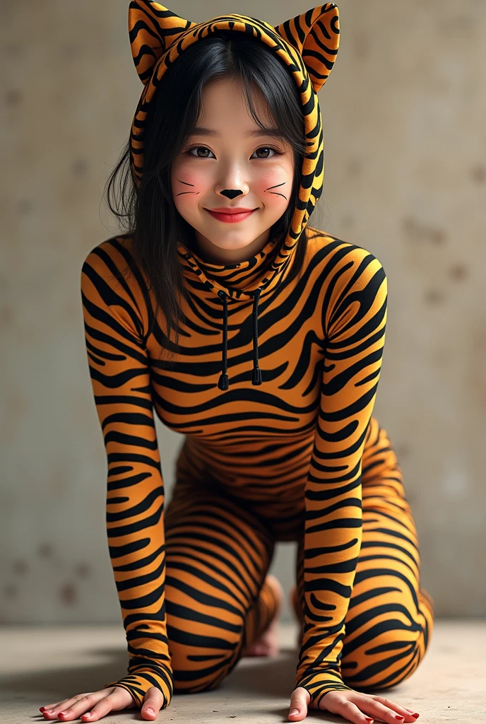 The beautiful taiwan asian adult girl with beautiful cheeks wears zebra print lycra turtleneck unitard catsuit covered with stripes and zebra print lycra elastane stretchy dancewear zentai hijab-like hood.She is happy to crawl.She always put fake cat whsikers and nose that are made of black makeup marker pen.
