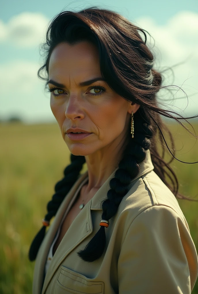 Movie Poster,Single,Most Real,Highest Resolution,Face Resolution,(((Braid Hairstyle: 1.5)),Science Fiction,Sci-Fi,Based on the movie Foundation,View from Front,Angry,Middle-aged Adults,40-Year-Old Women,Black One-Sided Hairstyle,Brown Eyes,(Reference to White Scientist Set :1.5),Filed in the middle of an open meadow with a breeze blowing,Top quality images