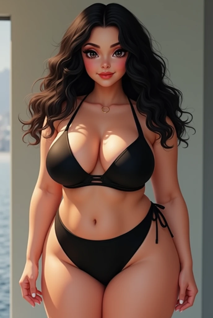 girl tall with big breasts curly hair and bikini black eyes height 1.50 m chubby