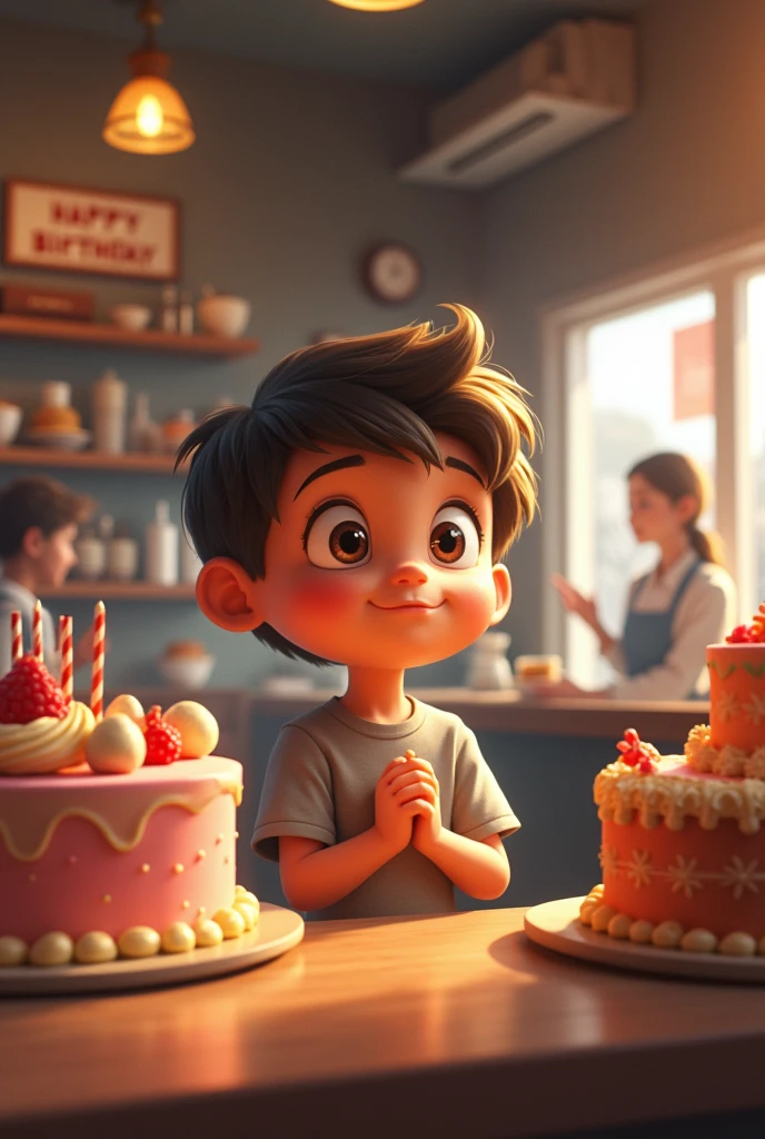 A boy wen to shop for buying a cake