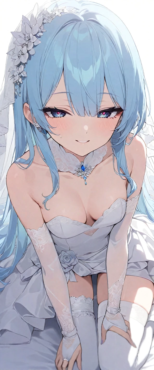 (muste piece), (best quality), (score_9, score_8_up, score_7_up), very detailed eyes, expressive eyes, perfect face, very detailed face, highly detailed face, beautiful girl, 8K, beautiful girl, (white background:1.3), delicate and beautiful face and eyes, dark intense shadow, 1 girl, solo, vtuber style, cool girl, hololive, vtuber, HoshimachiSuisei, blue hair, long hair, blue eyes, see-through:bride, bridal veil, bridal gauntlets, wedding dress, bridal garter, bridal legwear, white thighhighs, stiletto heels, small chest, soft chest, cleavage, clavicle, half-closed eyes, (full body), half-closed eyes, smile, lying on bed, arm on forehead,