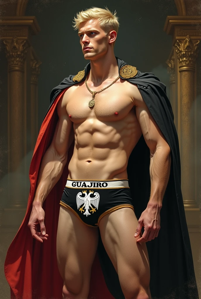 A thin, muscular blond man wearing underwear with a black and white flag with a double-headed eagle and a crown on it, holy roman empire, prussia, Austria, austro - hungarian, of the Duchy of Lithuania, imperial russia, [ digitl art, German, Biedermeier, Napoleonic, vienna secesion style, Ottoman Empire, Germany, Royal insignia in the background, imperial military. written in capital letters “GUAJIRO” in large letters on the elastic of the underwear.