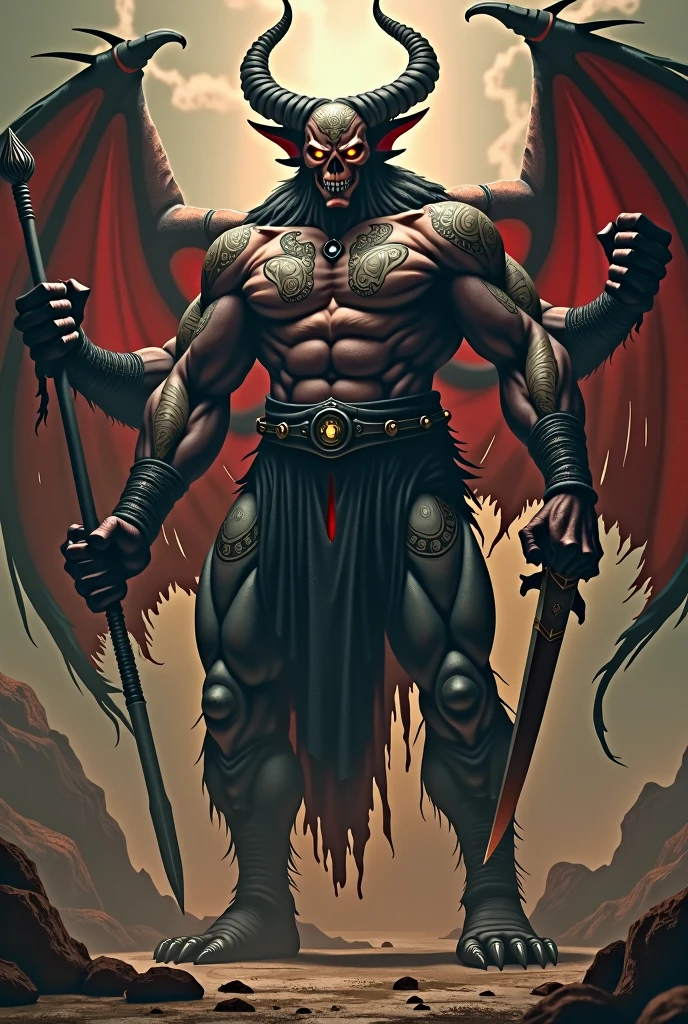 It has four arms and four eyes、A vile and overwhelming evil、A muscular King of Curses with markings all over his body.。Holding what appears to be a spear and a knife