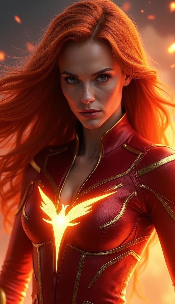 a realistic portrait of Marvel's Jean Grey Summers as the powerful Dark Phoenix mutant, glowing crimson energy, piercing eyes, long flowing red hair, detailed facial features, elegant phoenix-themed costume, dramatic lighting, cinematic composition, vibrant colors, photorealistic, 8k, hyper detailed, masterpiece