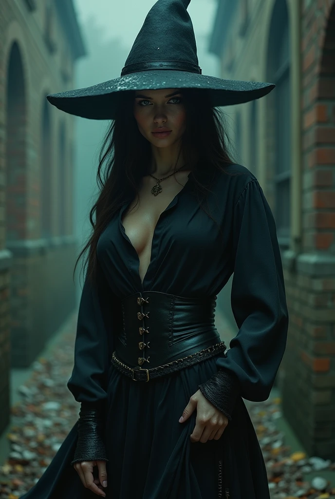 ((Masterpiece, Highest quality, Highest picture quality, high resolution, realistic, raw photos, 8ก)), ((A collection of 8K CG wallpapers that are very detailed.)), (Very hot and sexy, jaw-dropping beauty, perfect proportions, beautiful body, slim body beauty:1.4)Get ready for a journey to a spooky abandoned castle with this witch image.,Gothic,,With description and details. Stylish rendering captures the essence of the characters., From fierce costumes, Unbuttoned shirt,To her strong determination. Movie Poster, The Texas Chainsaw Massacre, The Artistic Style of Boris Groh