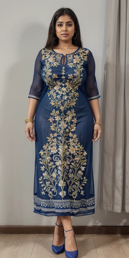 Day scene, A radiant, full-figured South Indian 3 aunty a navy blue colour chiffon fully transparent kurta, bra visible through kurta, ,standing, in a office captured in a full-body image with vibrant hues and meticulous details. Full body image