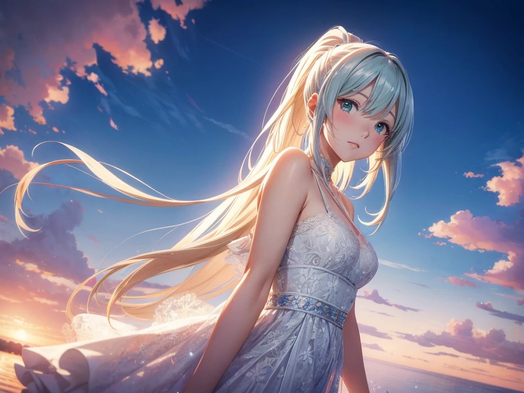 1. Female, face, (1. Female:1.37, alone), (美しいface, かわいいface, 詳細なface), (Semi-long hair, ponytail), (Beautiful green eyes with beautiful details),笑face爆発, Idol, break, sunny, White color from diagonally above, At the sparkling beach, Pure white all lace dress, Swaying in the Wind, Dynamic Pose, One cut from a music video, Very detailed CG 統合 8k 壁紙, Very nice 8K CG wallpaper, Anime Moe Art Style, Cute anime visuals, Anime Styleのポートレート, Anime Styleに, Beautiful Anime, 8K Anime Art Style, Anime Style、Detailed 8K animation, (masterpiece, Highest quality), High resolution, Very detailed, Ultra Sharp, Cinema Lighting