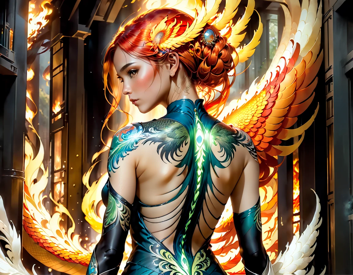 watercolor art, fantasy art, goth art, a picture of a tattoo on the back of a female elf, a glowing tattoo of a ((phoenix: 1.5)) on the elf's back, the ((phoenix tattoo)) is vivid, intricate detailed coming to life from the ink to real life, ((fire surrounds the phoenix: 1.5)), shoot taken from the back, ((the back is visible: 1.3), a most beautiful elf, exquisite beauty, small pointed ears, long hair,  she wears a transparent black dress, the dress is elegant, flowing, elven style, that the tattoos glow, dynamic hair color, dynamic hair style, rpg portrait, art by mooncryptowow