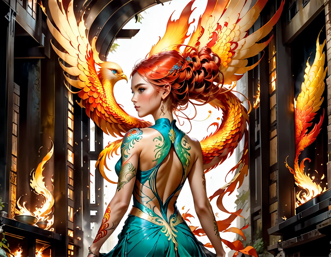 watercolor art, fantasy art, goth art, a picture of a tattoo on the back of a female elf, a glowing tattoo of a ((phoenix: 1.5)) on the elf's back, the ((phoenix tattoo)) is vivid, intricate detailed coming to life from the ink to real life, ((fire surrounds the phoenix: 1.5)), shoot taken from the back, ((the back is visible: 1.3), a most beautiful elf, exquisite beauty, small pointed ears, long hair,  she wears a transparent black dress, the dress is elegant, flowing, elven style, that the tattoos glow, dynamic hair color, dynamic hair style, rpg portrait, art by mooncryptowow