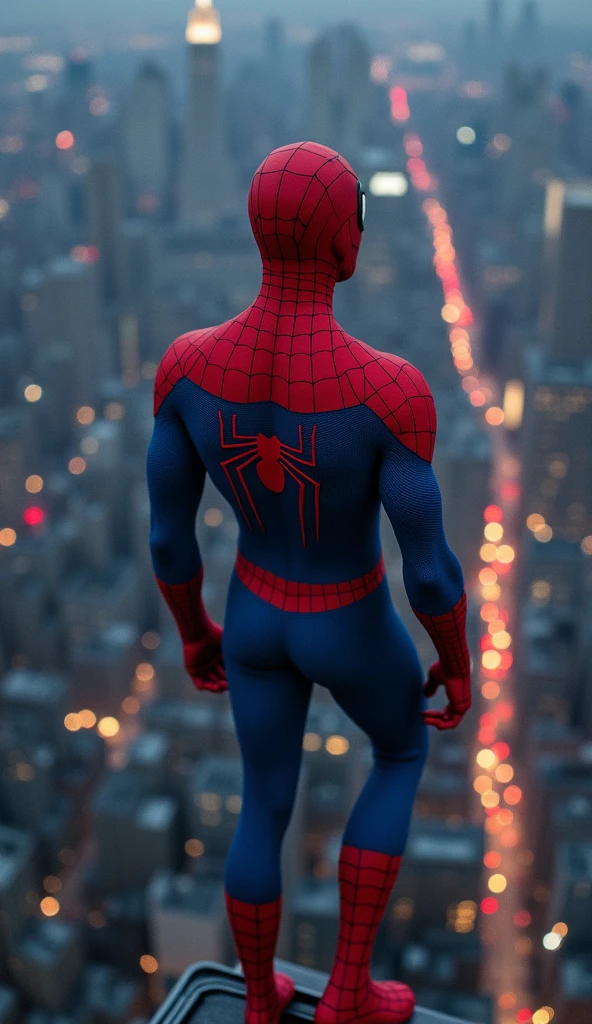 Spider-Man perches atop a New York skyscraper, the city sprawling out beneath him in a sea of twinkling lights. The cool night air brushes against his suit, the red and blue fabric clinging to his form as he watches over the bustling streets below. His eyes, white and expressive through the mask, reflect a blend of vigilance and quiet determination. The soft hum of traffic and distant sirens blend into the background, creating a symphony of city life that he knows so well. In this moment, Spider-Man is in perfect harmony with his environment—both a part of the city and its silent protector, embodying the balance between power and responsibility as he prepares to leap into action.