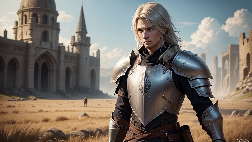 need one character in a picture from a game in the genre mmo rpg related to the world of sword and magic, the character must be a knight in old dirty armor but at the same time inspiring confidence and strength, against the backdrop of peacetime somewhere in the field