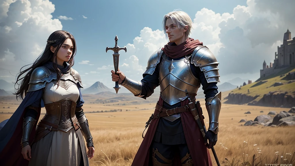 need one character in a picture from a game in the genre mmo rpg related to the world of sword and magic, the character must be a knight in old dirty armor but at the same time inspiring confidence and strength, against the backdrop of peacetime somewhere in the field