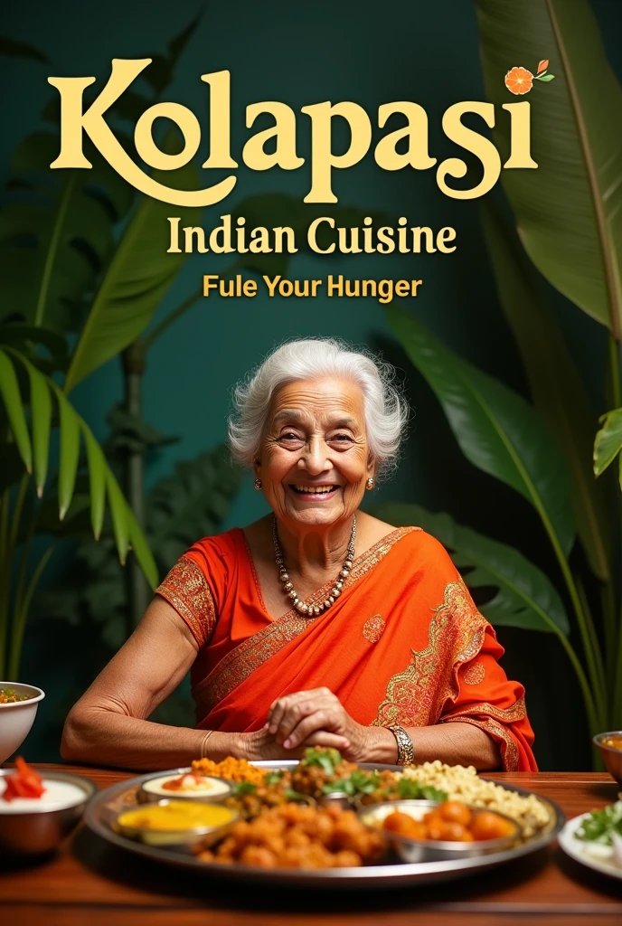 Classy banana leaf background with a happy old lady with restaurant name kolapasi indian cuisine with tag line fuel your hunger and thali with items