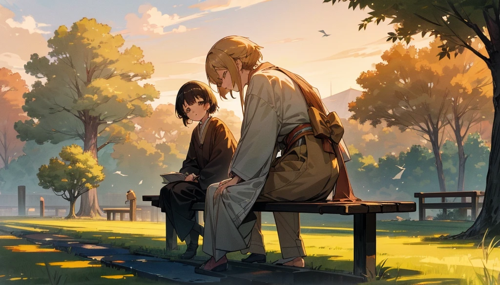 ((detailed anime style masterpiece)), sunset, Japanese city, a top view to a Ghibli style low detailed sweet cat sitting on a bench in a park, people walking around, beautiful evening atmosphere, beautiful trees and grass, detailed pleasant clouds, several birds in the air, also leaves falling from trees, (best quality,4k,8k,highres,masterpiece:1.2), detailed grass, detailed clouds, detailed birds, detailed falling leaves, muted colors, warm lighting, golden hour