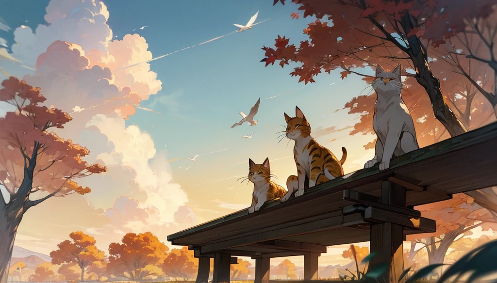 ((detailed anime style masterpiece)), sunset, Japanese city, a top view to a Ghibli style low detailed sweet cat sitting on a bench in a park, people walking around, beautiful evening atmosphere, beautiful trees and grass, detailed pleasant clouds, several birds in the air, also leaves falling from trees, (best quality,4k,8k,highres,masterpiece:1.2), detailed grass, detailed clouds, detailed birds, detailed falling leaves, muted colors, warm lighting, golden hour
