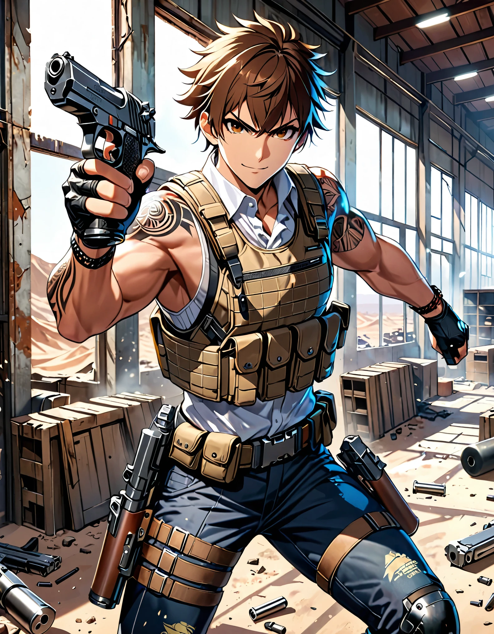 best quality, super detail, masterpiece, photography, scene: spacious abandoned warehouse, theme: mercenary, character: male gunslinger, appearance: muscular build, brown hair, short hair, spiky hair, short hair, brown eyes, action: fighting stance, facial expression : smirk, holding a large caliber pistol, Desert Eagle .50 handgun, assault vest, mafia sports tattoos, cybernetic enhancements in arms, perspective: 4K.