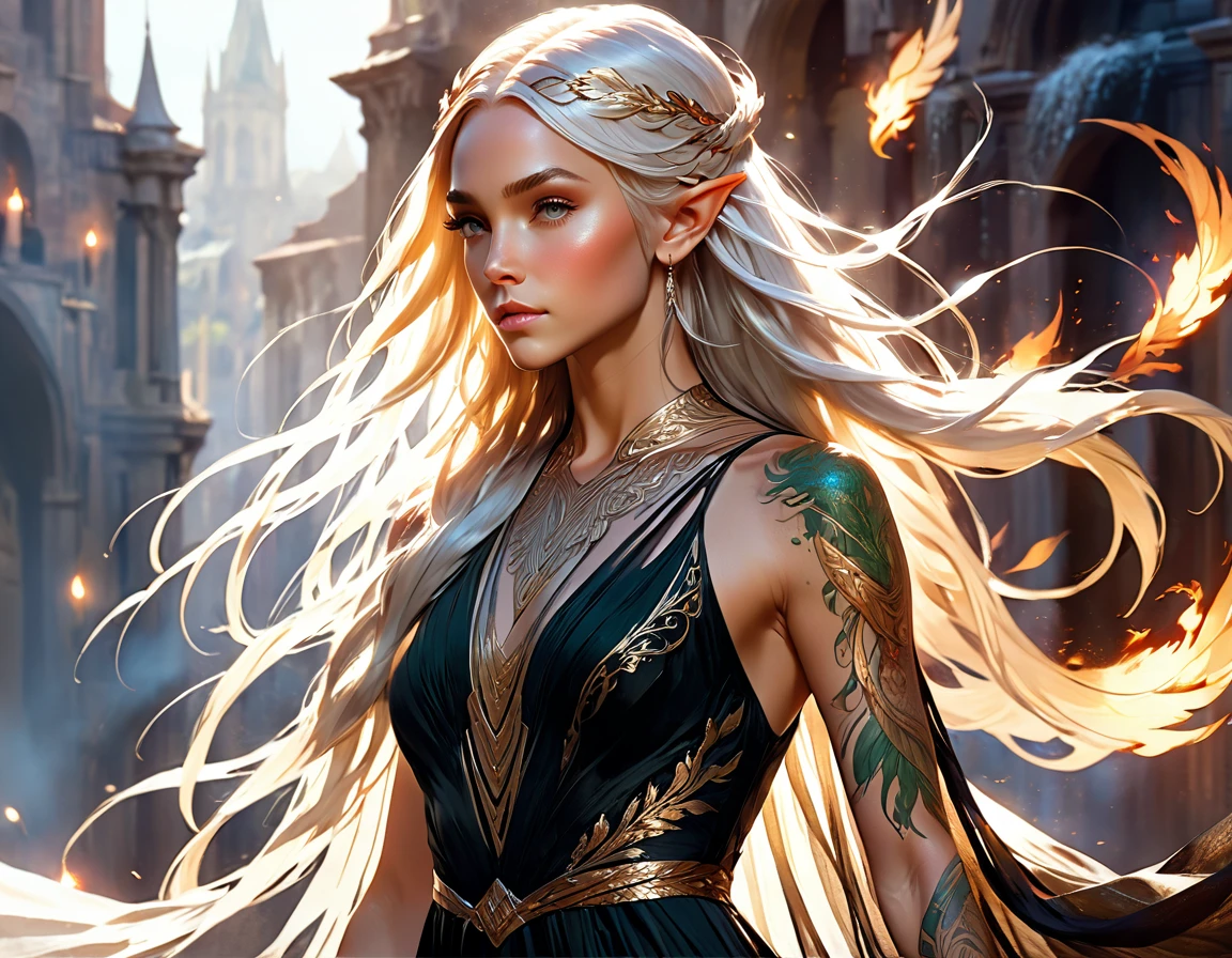 watercolor art, fantasy art, goth art, a picture of a tattoo on the back of a female elf, a glowing tattoo of a ((phoenix: 1.5)) on the elf's back, the ((phoenix tattoo)) is vivid, intricate detailed coming to life from the ink to real life, ((fire surrounds the phoenix: 1.5)), shoot taken from the back, ((the back is visible: 1.3), a most beautiful elf, exquisite beauty, small pointed ears, long hair, she wears a transparent black dress, the dress is elegant, flowing, elven style, that the tattoos glow, dynamic hair color, dynamic hair style, rpg portrait