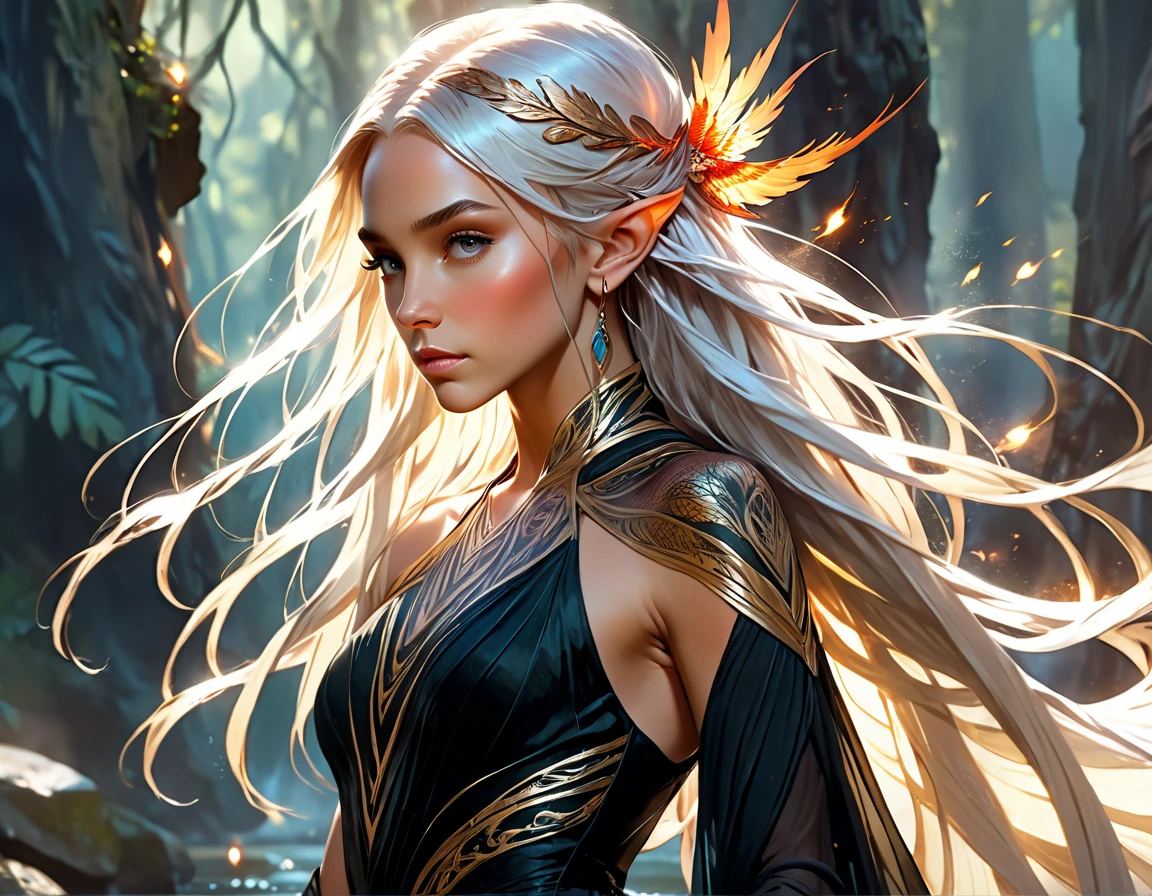 watercolor art, fantasy art, goth art, a picture of a tattoo on the back of a female elf, a glowing tattoo of a ((phoenix: 1.3)) on the elf's back, the ((phoenix tattoo)) is vivid, intricate detailed coming to life from the ink to real life, ((fire surrounds the phoenix: 1.5)), shoot taken from the back, ((the back is visible: 1.3), a most beautiful elf, exquisite beauty, small pointed ears, long hair,  she wears a transparent black dress, the dress is elegant, flowing, elven style, that the tattoos glow, dynamic hair color, dynamic hair style, rpg portrait