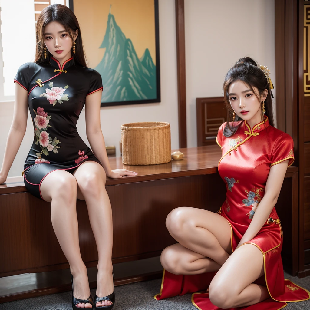 Chinese clothing、Cheongsam with slit、Colorful Chinese Dress、Beauty、Beauty、Detailed face、Realistic、beautiful girl、Beauty、beauty、Beautiful woman、Narrow waist、Handsome woman、Tight clothing、Thin legs、Sexy pose