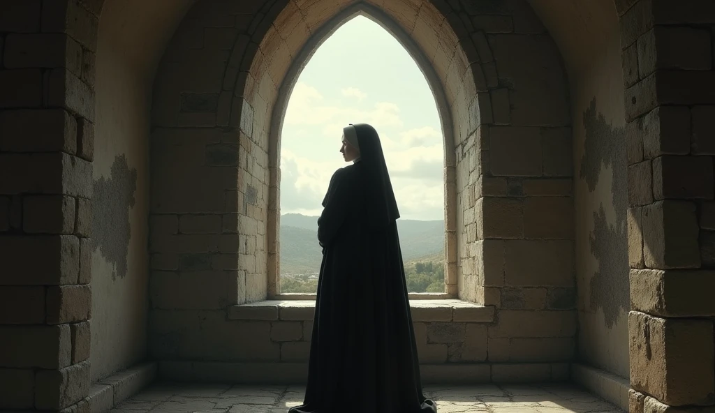 The Nun of Monza standing by a large, arched window in a medieval convent, looking out at the landscape beyond. The light from the window casts a soft glow on her face, contrasting with the shadowed interior of the room. The scene captures a moment of contemplation and quiet sorrow, with intricate details on her habit and the stone architecture