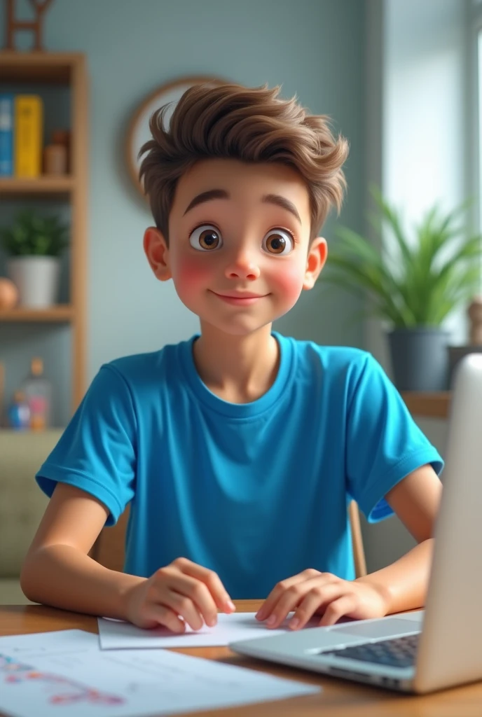 A boy , cute face , smart ,blue t shirt and , table laptop,bodybuilder , studio