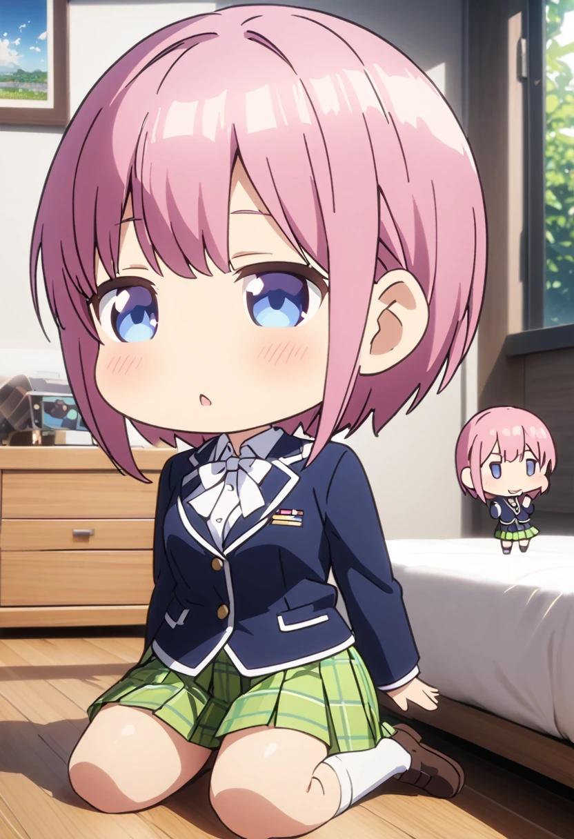 (Highest quality, 4K, 8k, High resolution, masterpiece:1.2), Very detailed, Picturesque, Animated Photography, Photo Animation:1.37)、Japanese schoolgirl、(Pink Hair)、(Pixie Cut)、(chibi:1.4),white shirt、Yellow-green checkered skirt,(high scool uniform:1.2)、navy blue jacket、sitting on bed、wariza、Full body photography、Nakano ichika
