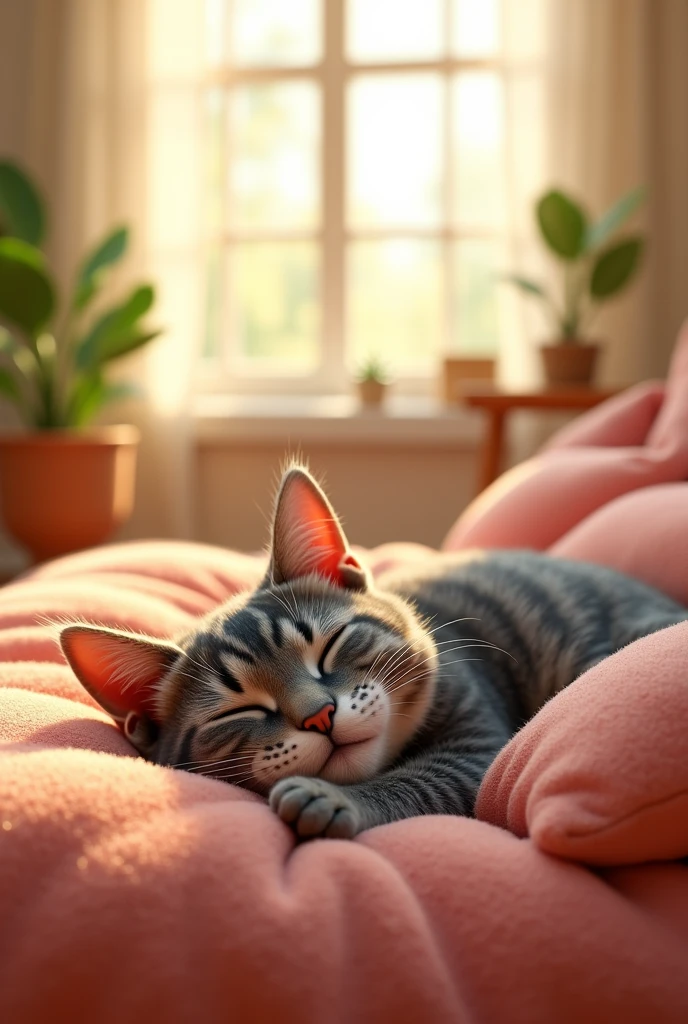 With a 3d Pixar Animation,A happy gray tabby cat lying on a soft bed by a sunlit window in a cozy, colorful living room. "The  sits nearby the cat in the picture, smiling, while sunlight fills the room with warmth."