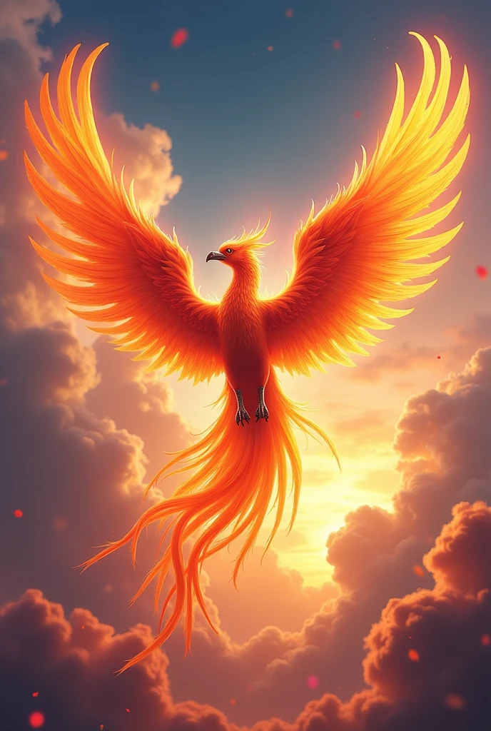 Mythical Phoenix diving: Illustrate a vibrant phoenix plunging from a burst of flames, its feathers shimmering in a spectrum of colors. The background features a dramatic sky with swirling clouds, enhancing the mythical and powerful aura of the phoenix, 3d digital artwork.
