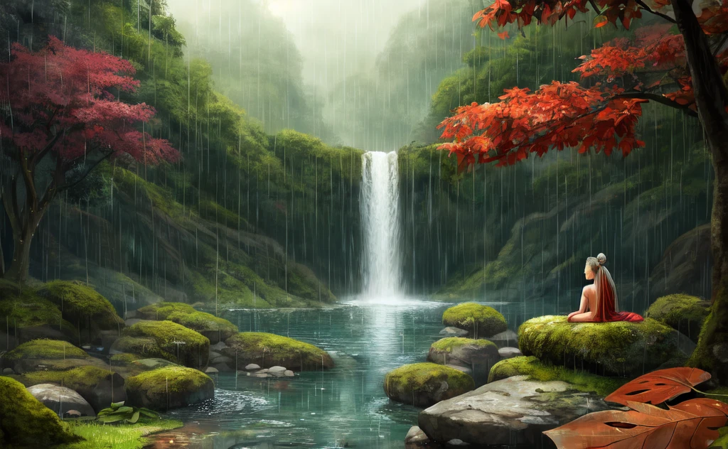 A  person meditating under a big leaf raining weather beautiful landscape water fall animals calmly looking at him 